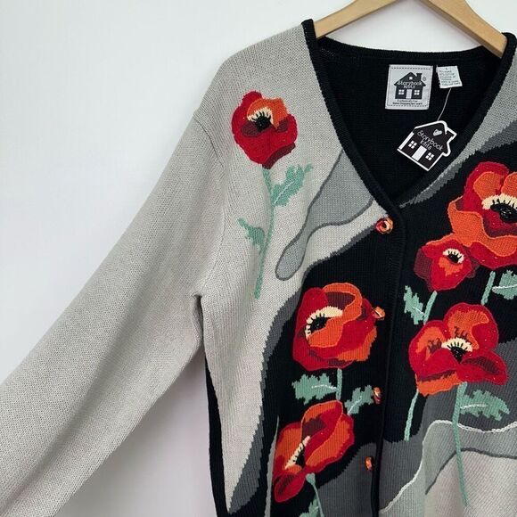 Storybook Knits Women’s Beaded Hand Knit Large Red Orange Poppy Flower Black Gre - Picture 8 of 8